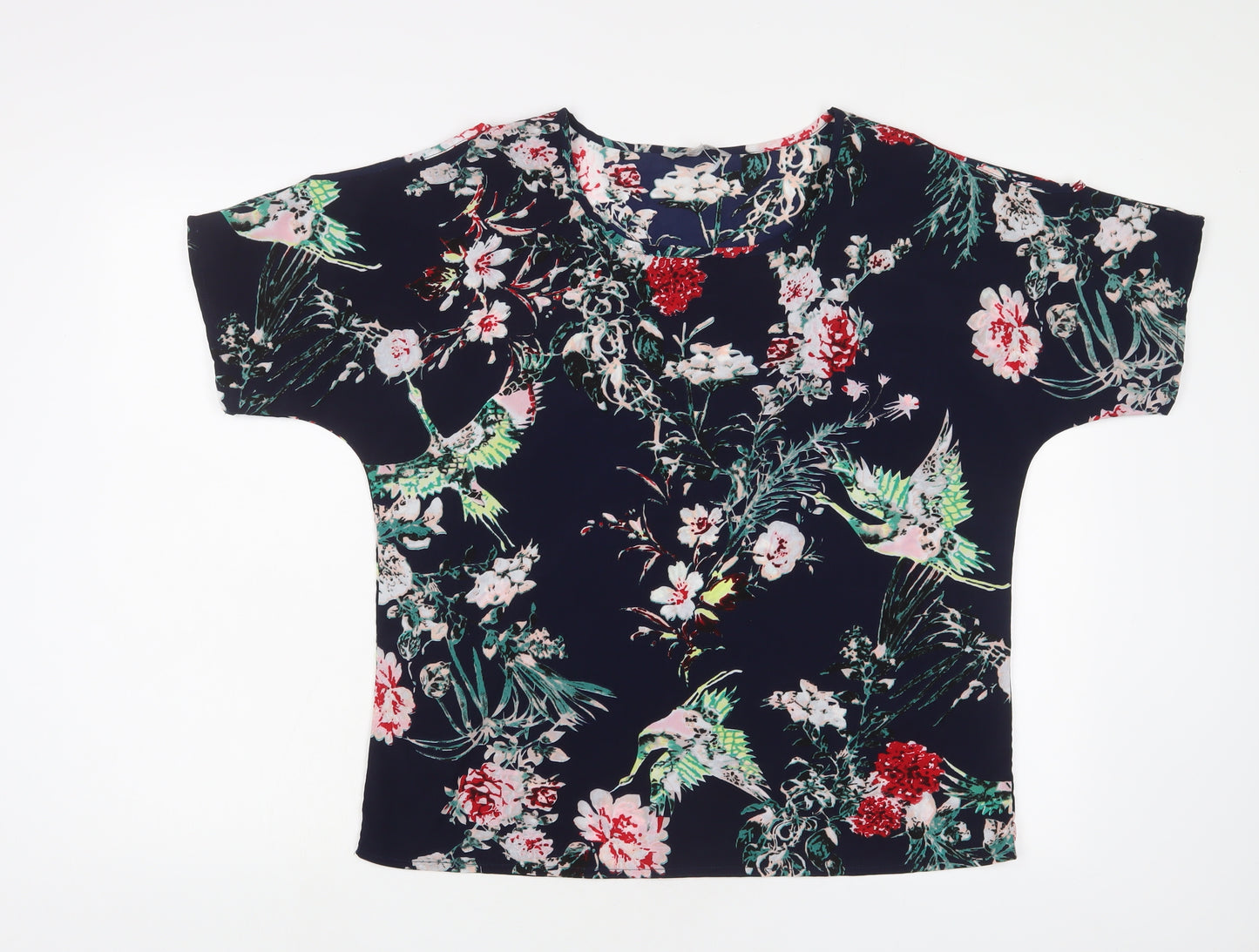 Pebble Bay Womens Blue Floral Polyester Basic T-Shirt Size M Crew Neck - Cold Shoulder