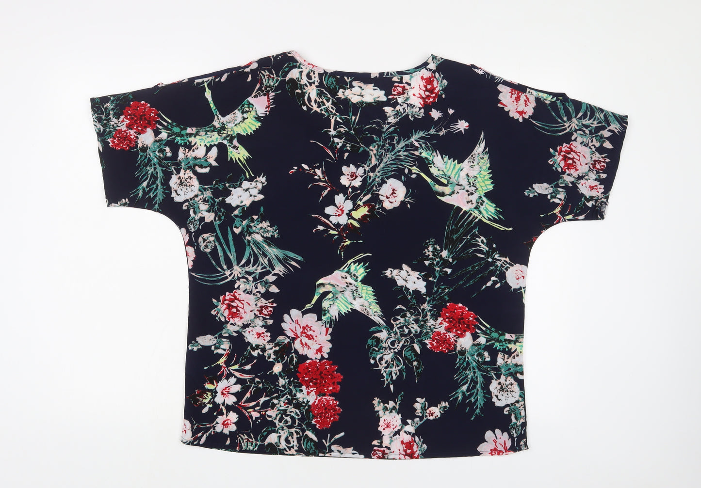 Pebble Bay Womens Blue Floral Polyester Basic T-Shirt Size M Crew Neck - Cold Shoulder