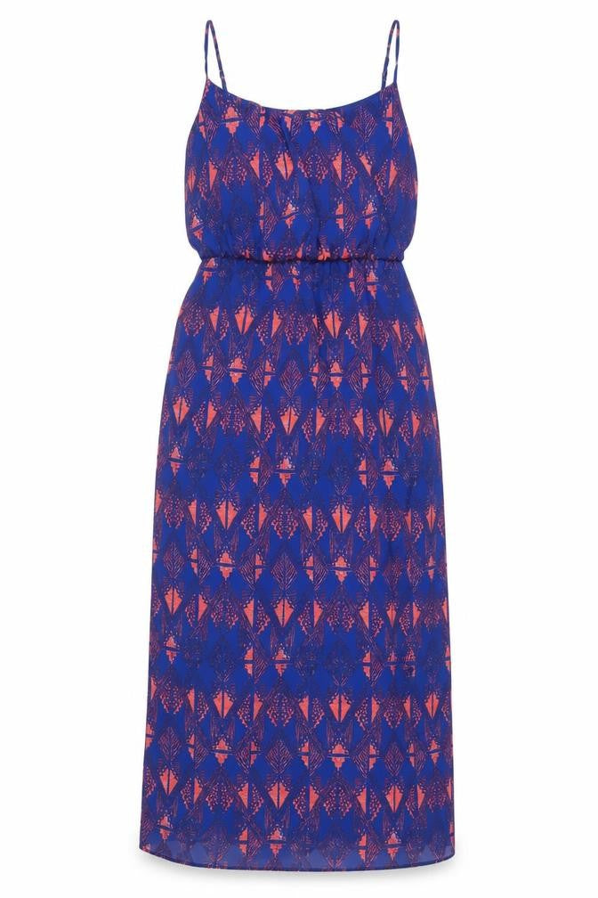 Front view of New Look women’s blue geometric polyester a-line, size UK 14, square neck pullover