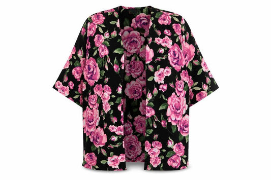 Front view of Club L women’s pink floral polyester kimono blouse, size UK 12, v-neck - open