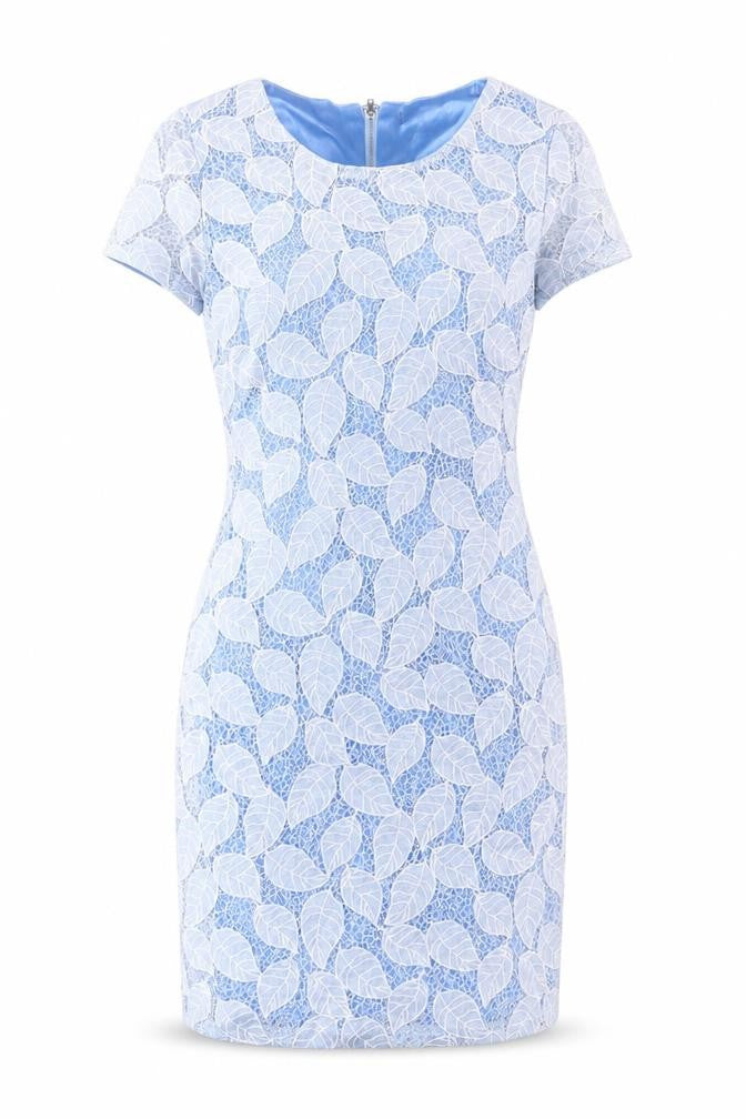 Front view of Tenki women’s blue polyester bodycon, size UK 8, crew neck zip