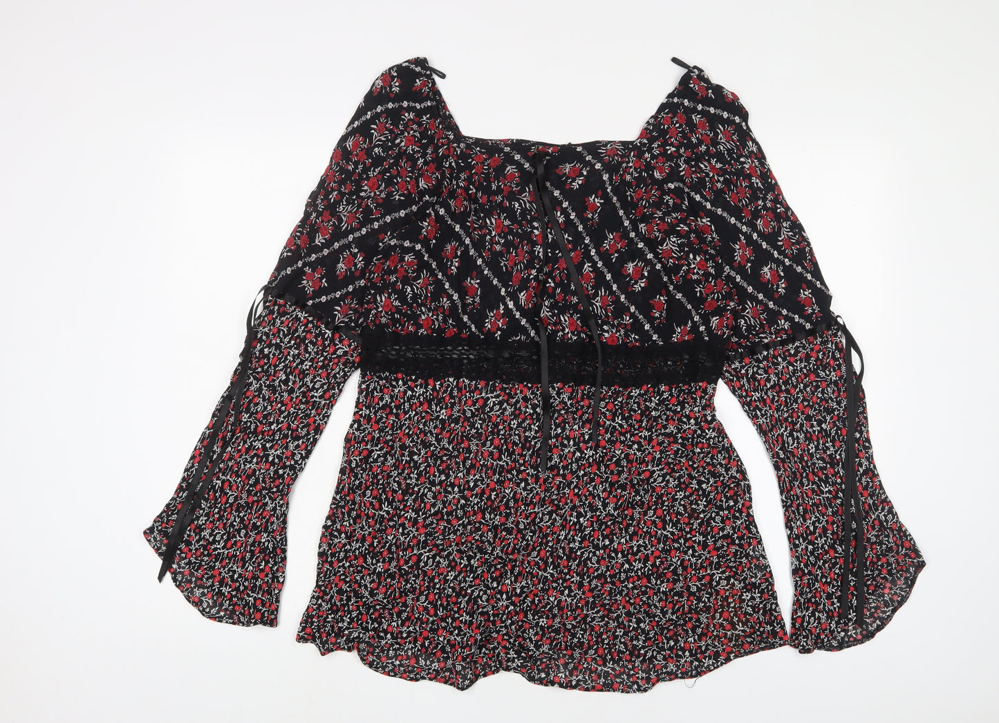 essence Womens Red Floral Viscose Basic Blouse Size 16 V-Neck - Lace