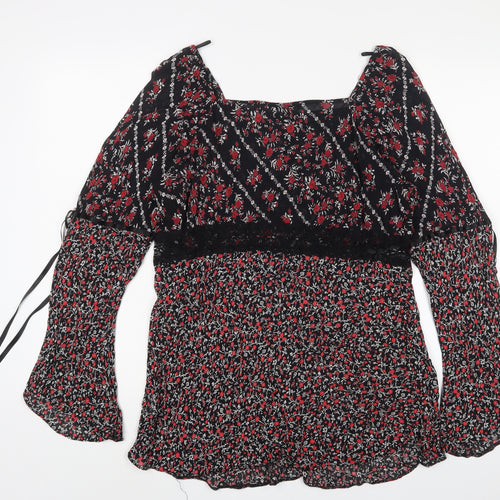 essence Womens Red Floral Viscose Basic Blouse Size 16 V-Neck - Lace