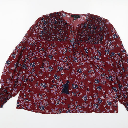 New Look Womens Red Floral Polyester Basic Blouse Size 10 V-Neck
