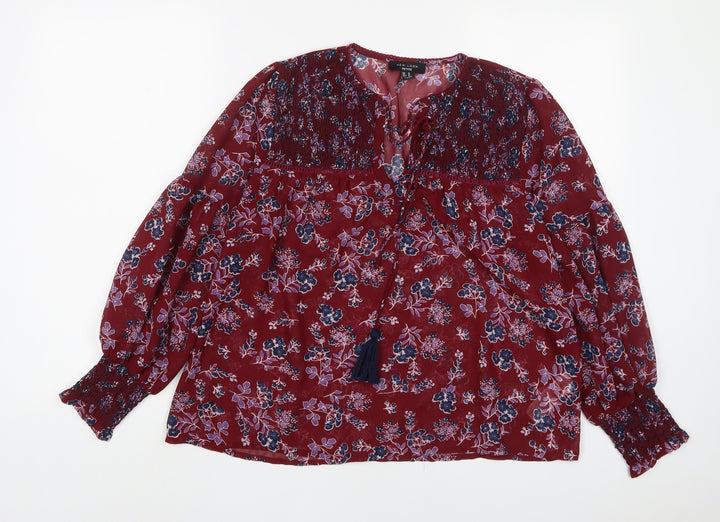 New Look Womens Red Floral Polyester Basic Blouse Size 10 V-Neck