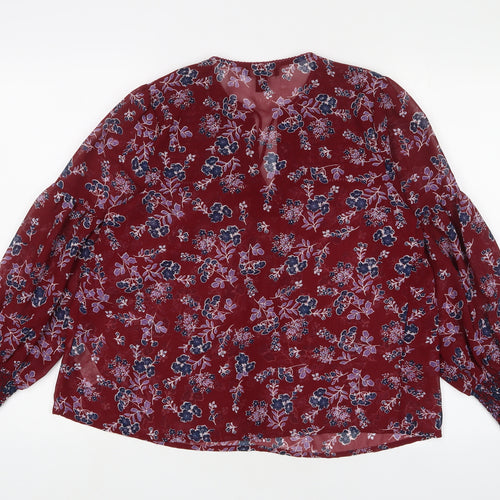 New Look Womens Red Floral Polyester Basic Blouse Size 10 V-Neck