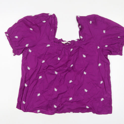 Per Una Womens Purple Geometric Cotton Basic T-Shirt Size 18 Square Neck - Embroidered