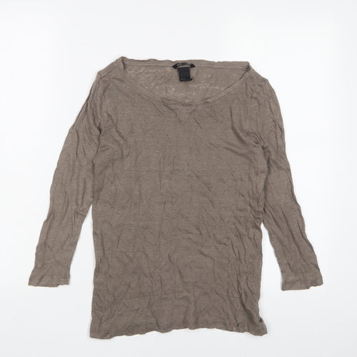 H&M Womens Brown Crew Neck Linen Pullover Jumper Size XS