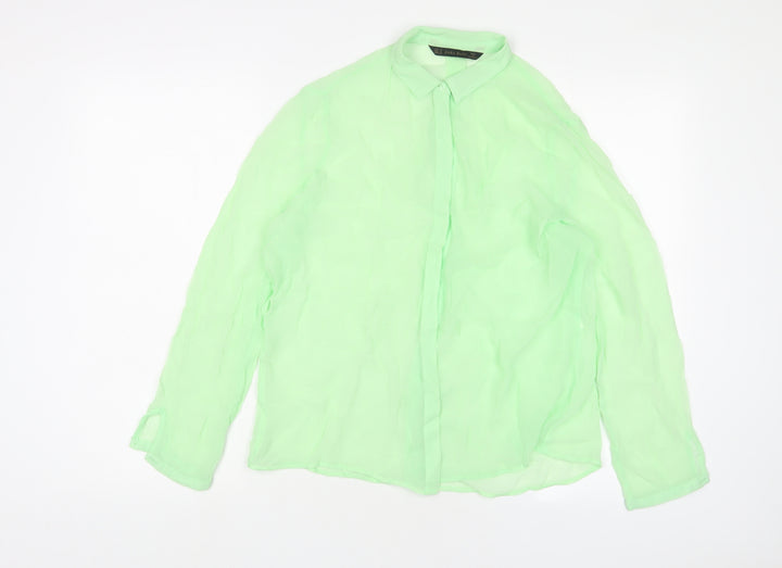 Zara Womens Green Polyester Basic Button-Up Size M Collared