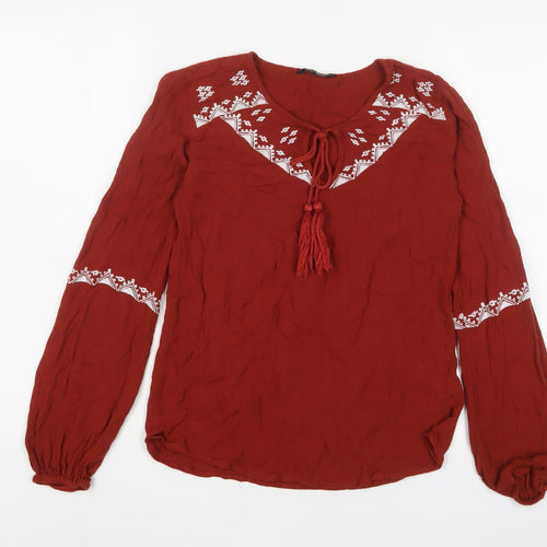 Select Womens Brown Cotton Basic Blouse Size 6 Crew Neck - Embroidered