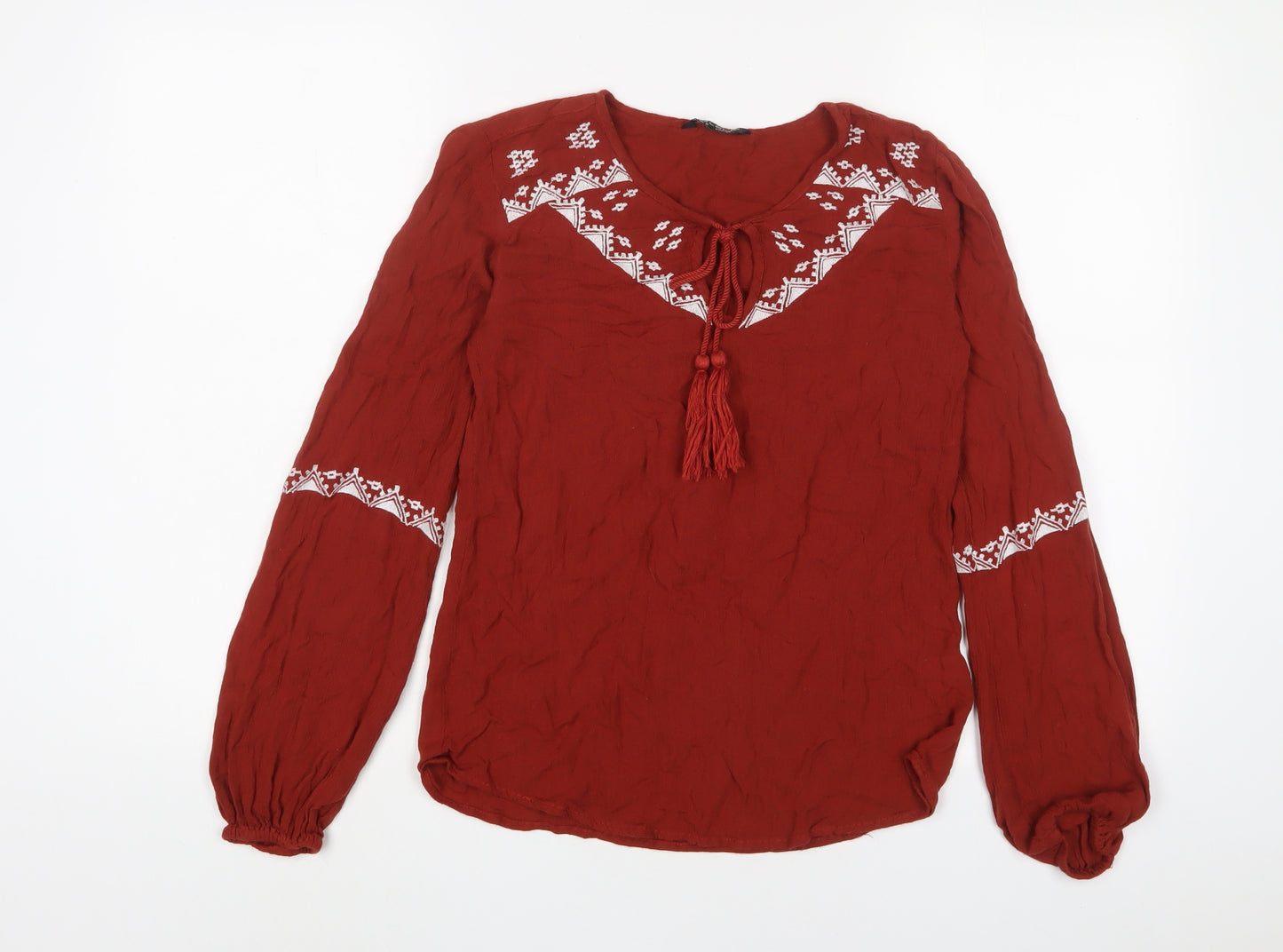 Select Womens Brown Cotton Basic Blouse Size 6 Crew Neck - Embroidered