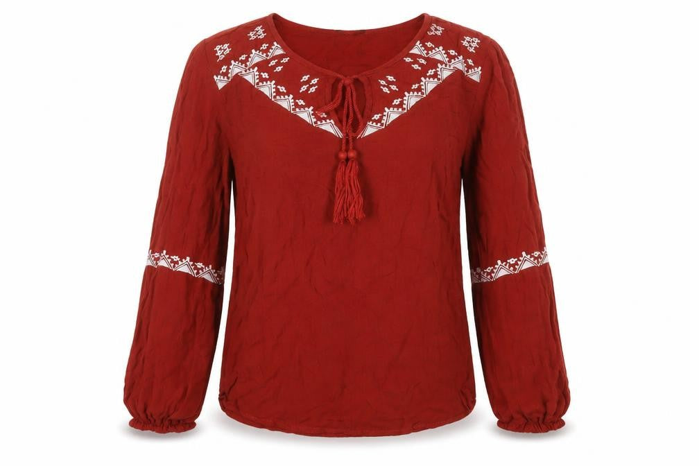 Select Womens Brown Cotton Basic Blouse Size 6 Crew Neck - Embroidered