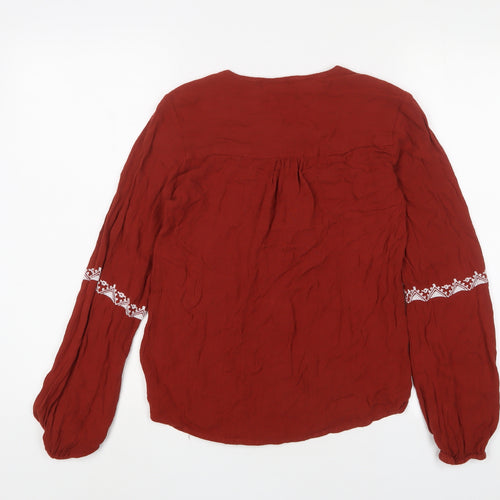 Select Womens Brown Cotton Basic Blouse Size 6 Crew Neck - Embroidered