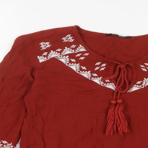 Select Womens Brown Cotton Basic Blouse Size 6 Crew Neck - Embroidered