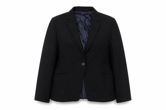 Front view of Brook Taverner women’s black jacket blazer, size UK 14, button