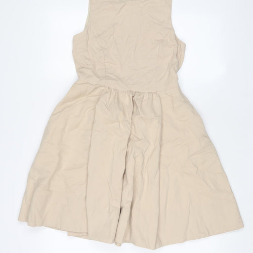 Zara Womens Beige Linen A-Line Size XS Crew Neck Zip