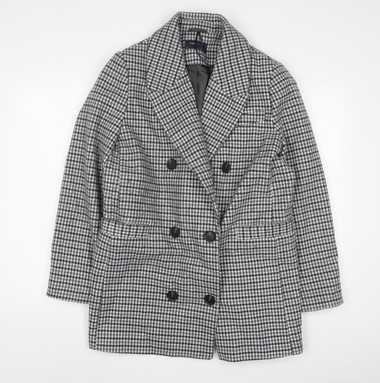 Marks and Spencer Womens Grey Plaid Overcoat Coat Size 16 Button