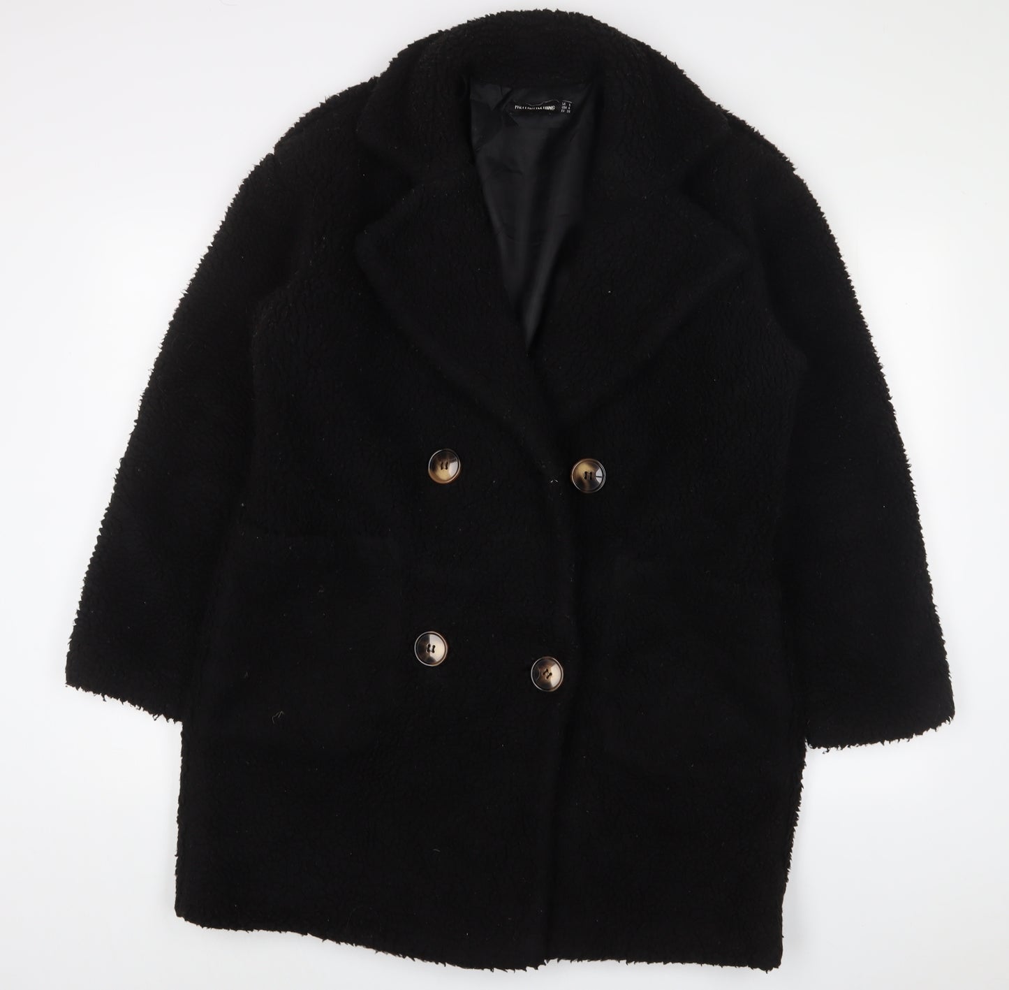 PRETTYLITTLETHING Womens Black Overcoat Coat Size 18 Button