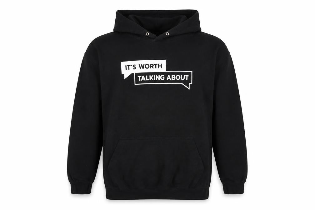 Front view of Just Hoods men’s black cotton pullover sweatshirt, size L