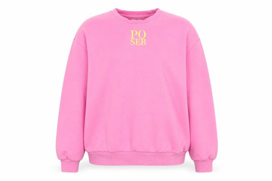 Front view of poser women’s pink cotton pullover sweatshirt, size S, - padded shoulders.