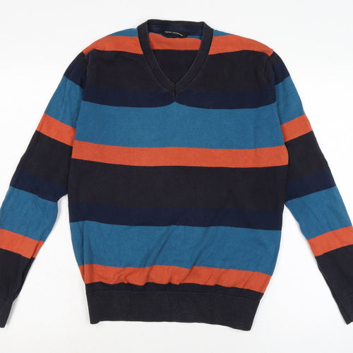 French Connection Mens Multicoloured V-Neck Striped Cotton Pullover Jumper Size S Long Sleeve