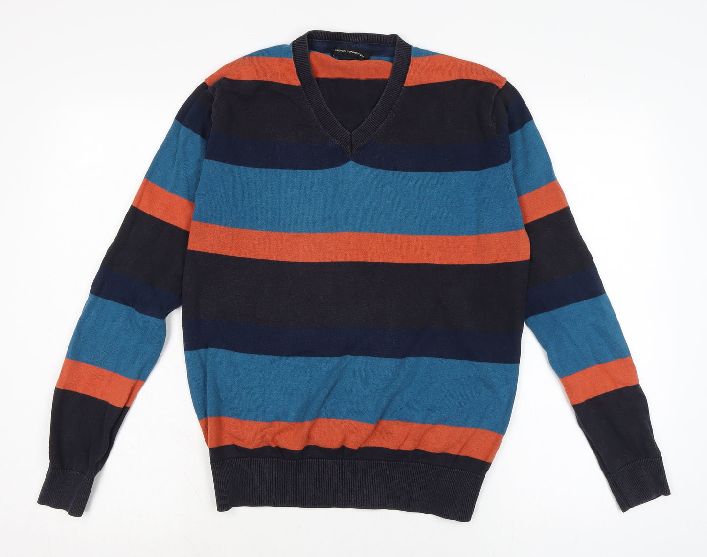 French Connection Mens Multicoloured V-Neck Striped Cotton Pullover Jumper Size S Long Sleeve