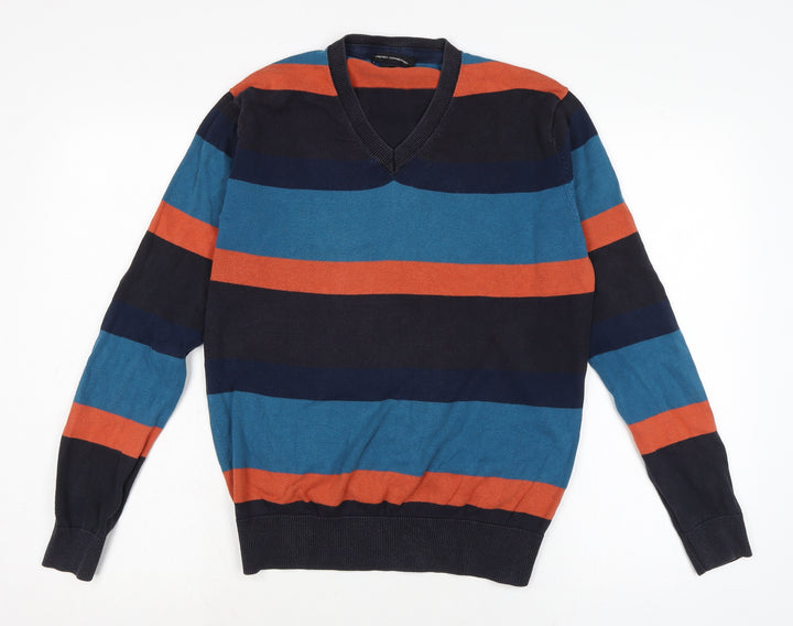 French Connection Mens Multicoloured V-Neck Striped Cotton Pullover Jumper Size S Long Sleeve