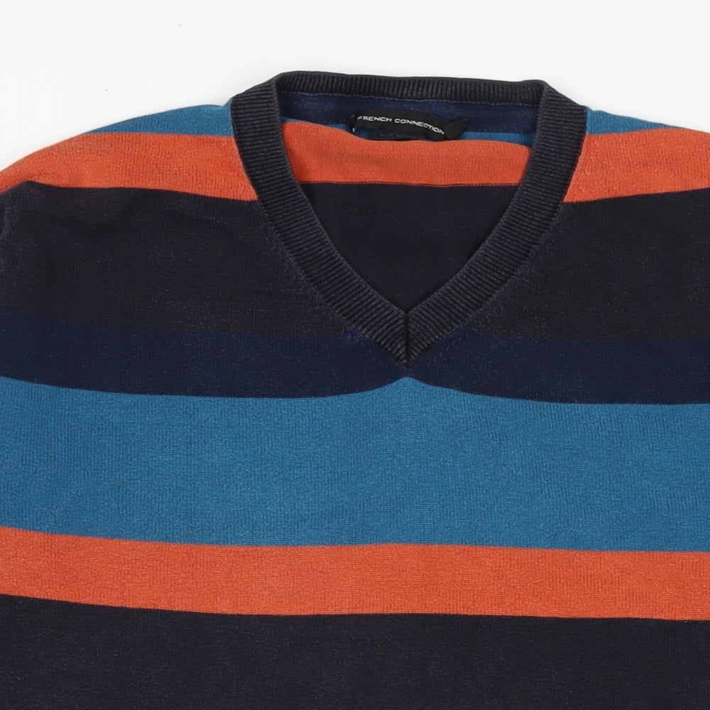 French Connection Mens Multicoloured V-Neck Striped Cotton Pullover Jumper Size S Long Sleeve