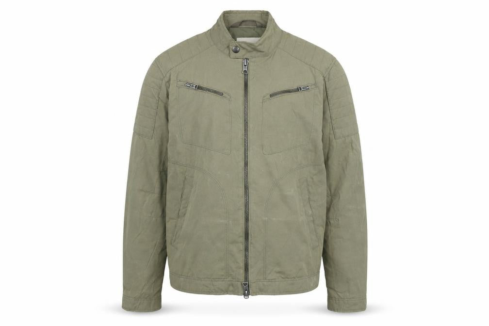 Front view of Mango men’s green biker jacket, size L, zip