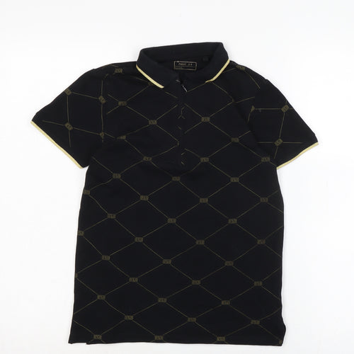 NEXT Boys Black Cotton Basic T-Shirt Size 10 Years Collared - Gold trim to collar and cuffs.