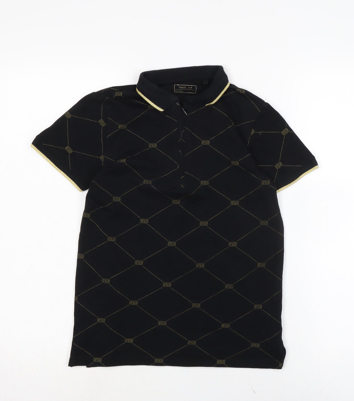 NEXT Boys Black Cotton Basic T-Shirt Size 10 Years Collared - Gold trim to collar and cuffs.