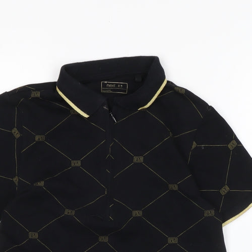 NEXT Boys Black Cotton Basic T-Shirt Size 10 Years Collared - Gold trim to collar and cuffs.