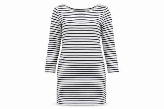 Front view of Uniqlo women’s ivory cotton bodycon, size M, boat neck - navy and ivory stripe.