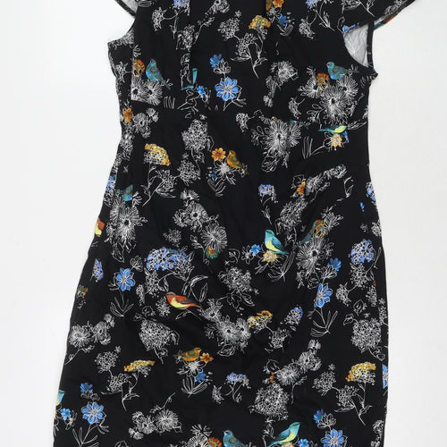Dorothy Perkins Womens Black Floral Cotton A-Line Size 18 V-Neck Zip