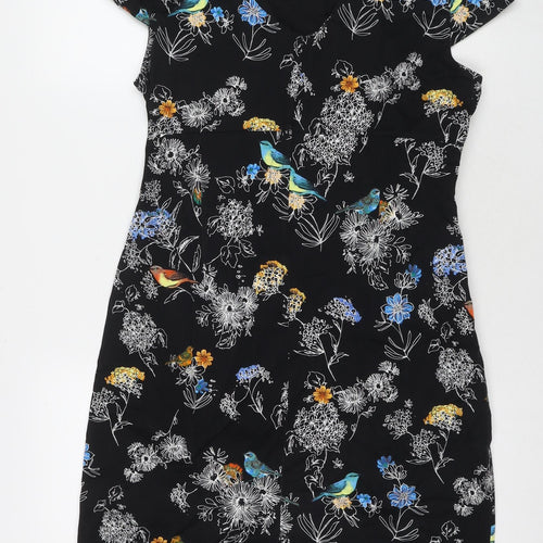 Dorothy Perkins Womens Black Floral Cotton A-Line Size 18 V-Neck Zip