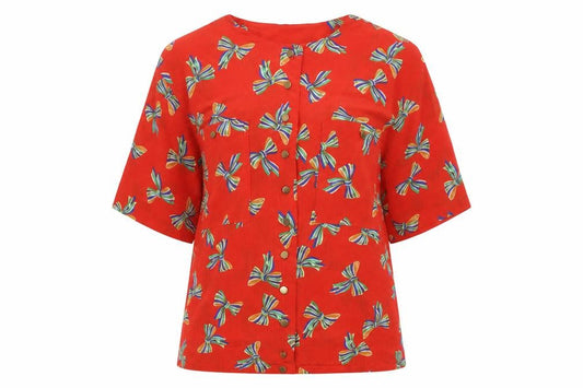 Front view of MAI women’s red geometric polyester basic button-up, size UK 12, v-neck - bow