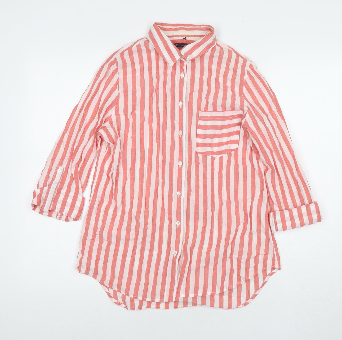 Marks and Spencer Womens Red Striped Cotton Basic Button-Up Size 12 Collared