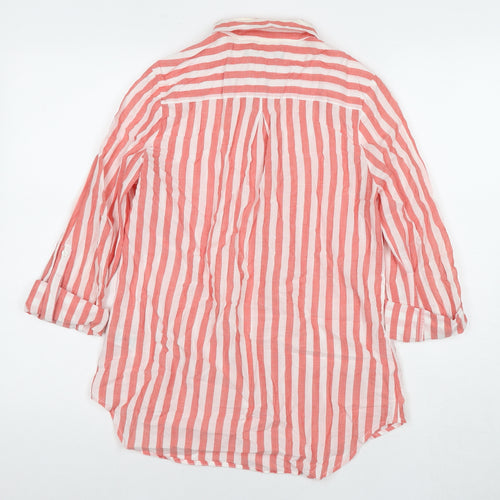 Marks and Spencer Womens Red Striped Cotton Basic Button-Up Size 12 Collared
