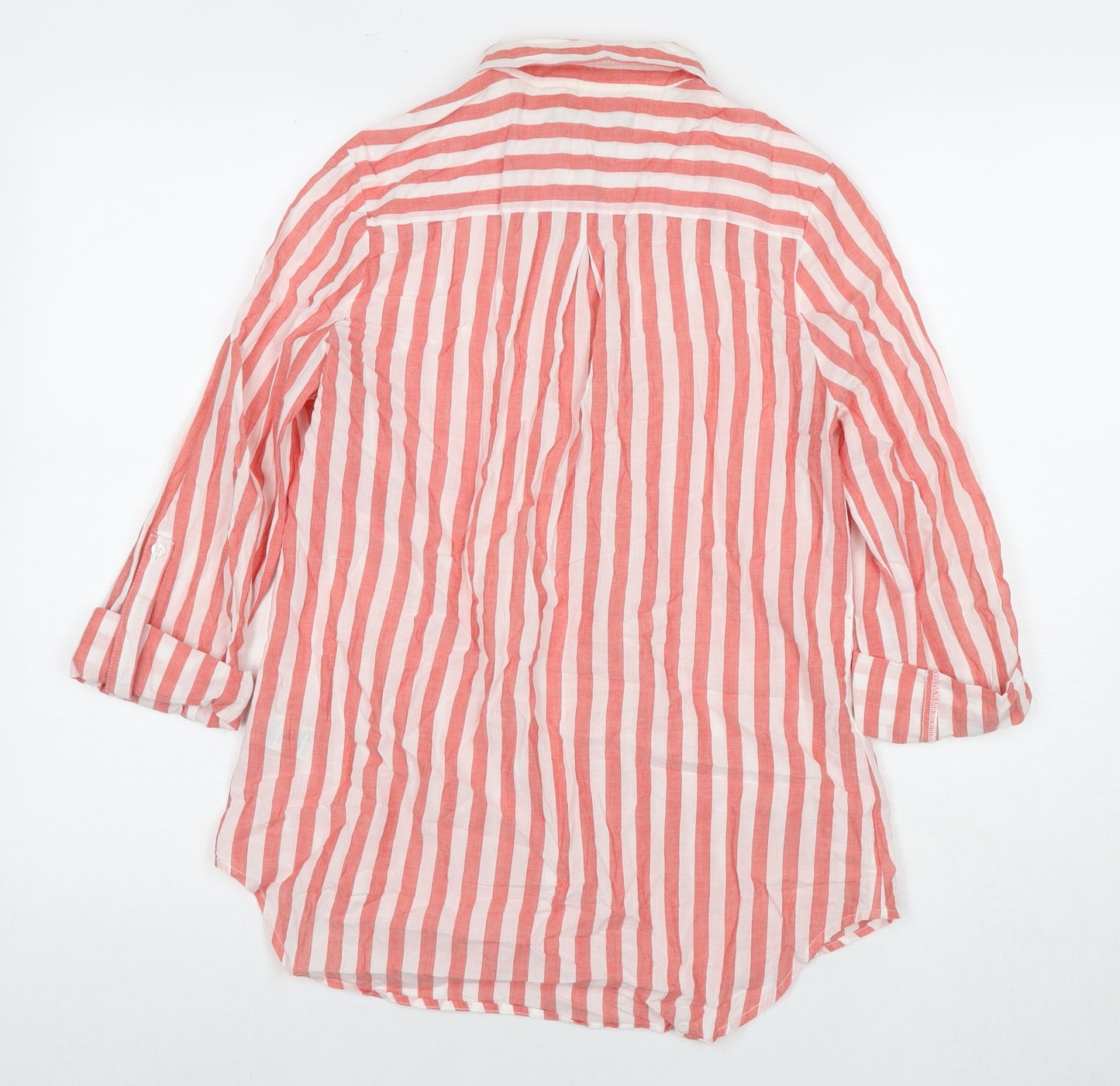 Marks and Spencer Womens Red Striped Cotton Basic Button-Up Size 12 Collared