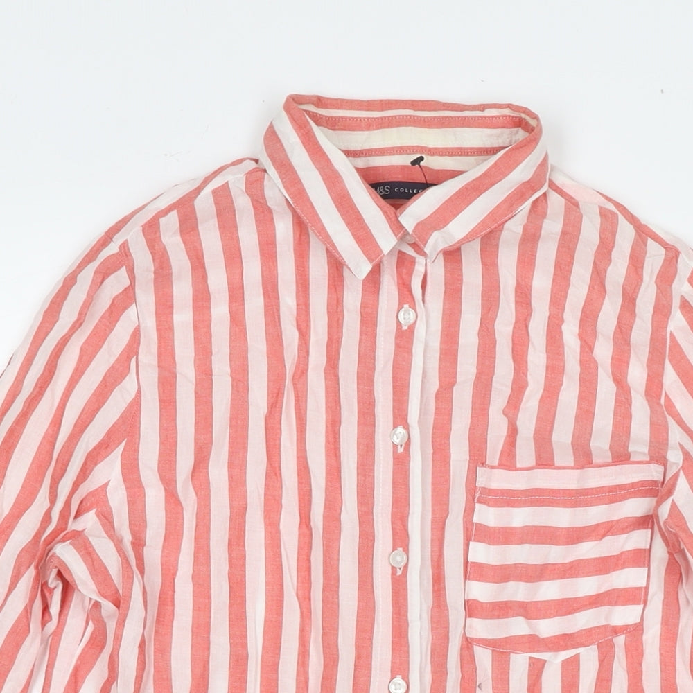 Marks and Spencer Womens Red Striped Cotton Basic Button-Up Size 12 Collared