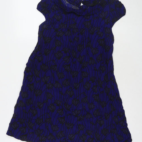 H&M Womens Blue Floral Polyester A-Line Size 10 Round Neck Button