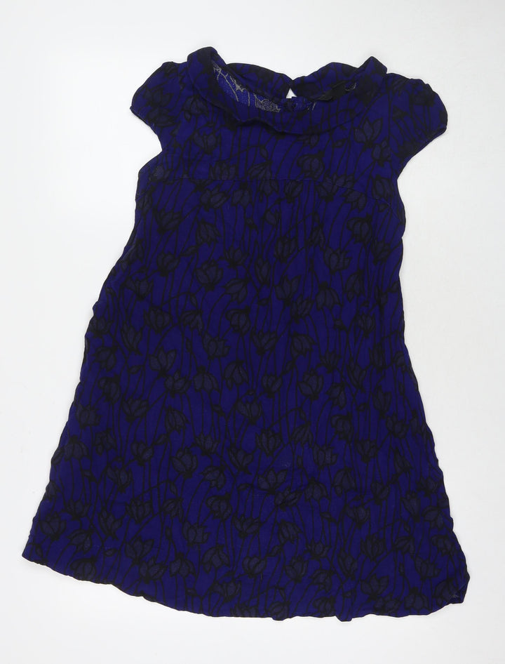 H&M Womens Blue Floral Polyester A-Line Size 10 Round Neck Button