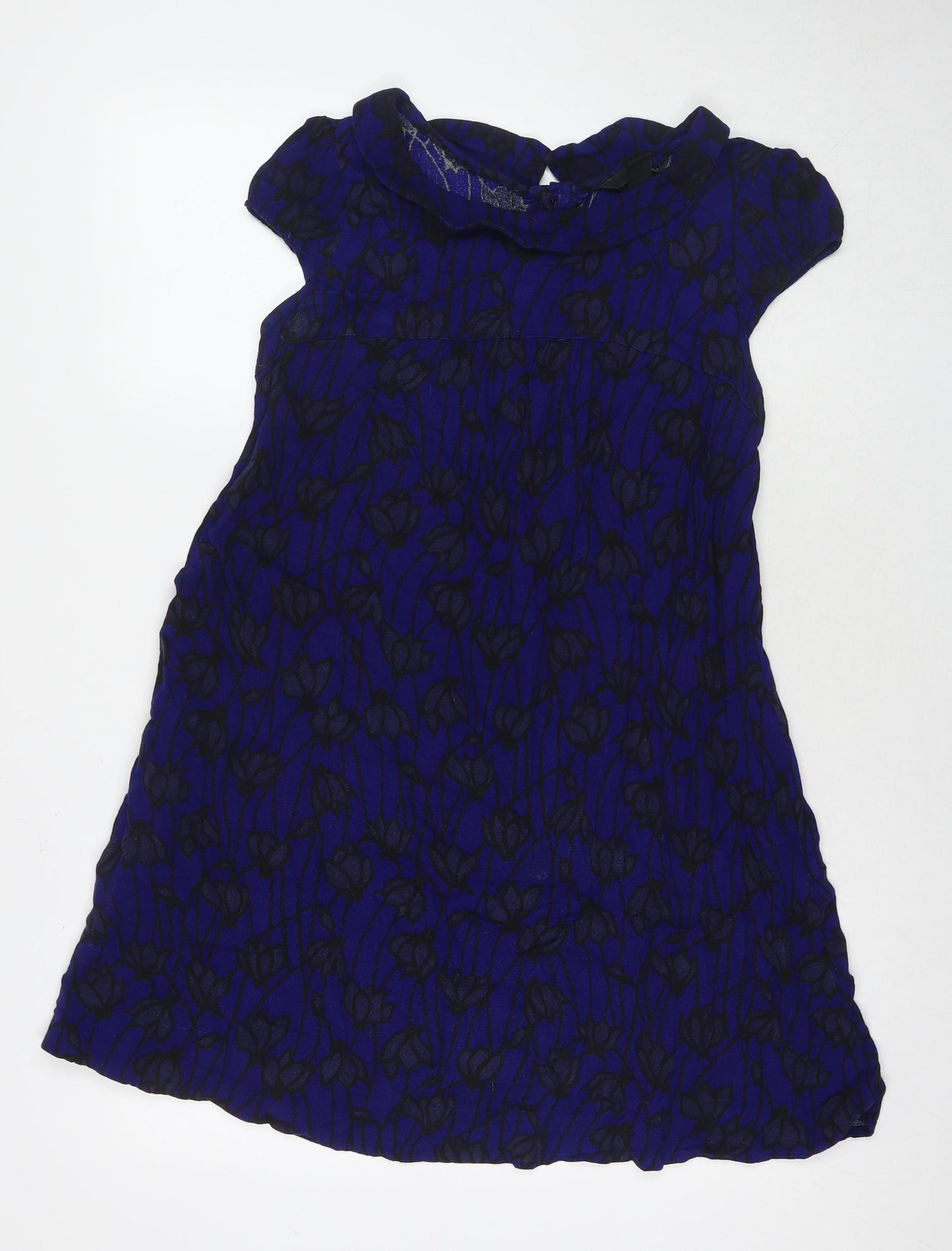 H&M Womens Blue Floral Polyester A-Line Size 10 Round Neck Button