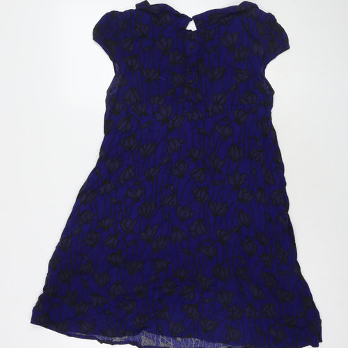 H&M Womens Blue Floral Polyester A-Line Size 10 Round Neck Button