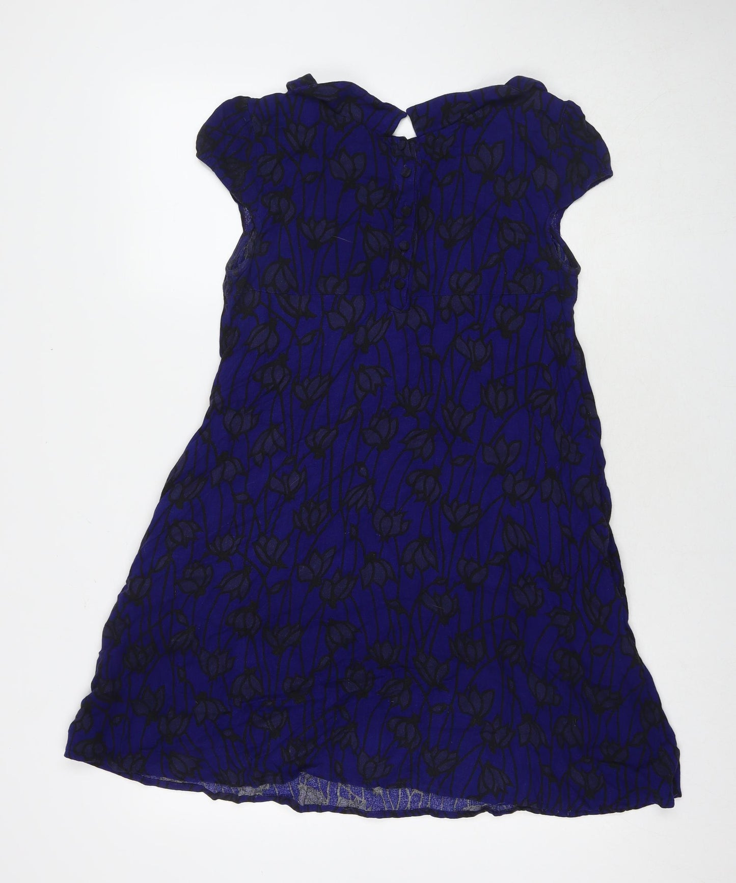 H&M Womens Blue Floral Polyester A-Line Size 10 Round Neck Button