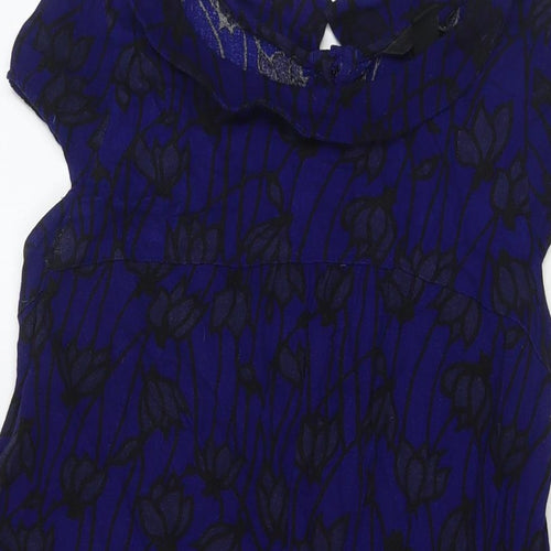 H&M Womens Blue Floral Polyester A-Line Size 10 Round Neck Button