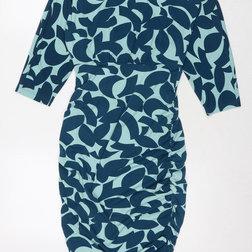 Kim&Co Womens Blue Geometric Polyester A-Line One Size Round Neck Pullover