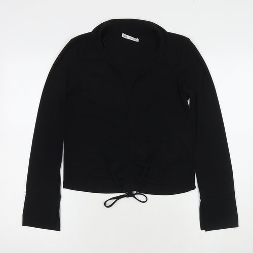 Zara Womens Black Polyester Basic Blouse Size S Collared