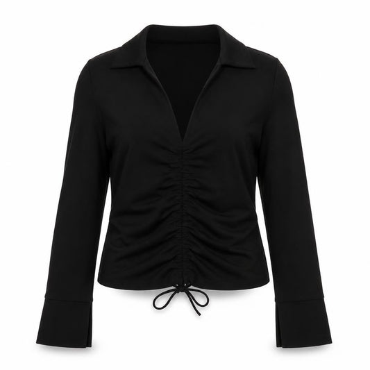 Front view of Zara women’s black polyester basic blouse, size S, collared