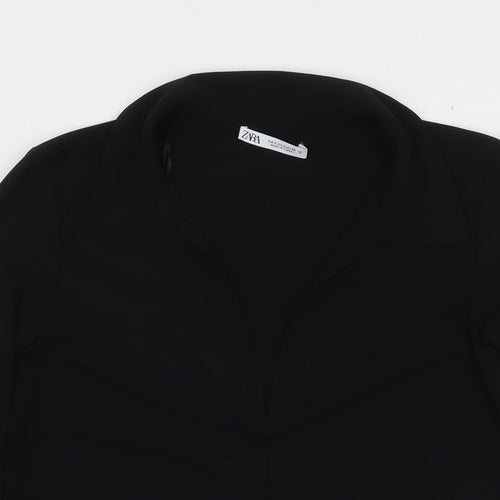 Zara Womens Black Polyester Basic Blouse Size S Collared